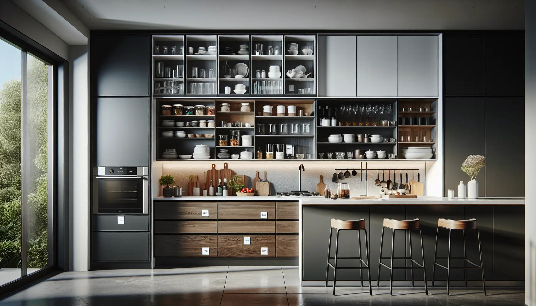 Modern black and natural wood kitchen cabinets with open shelving and built-in oven in a contemporary Hammonton NJ kitchen design.